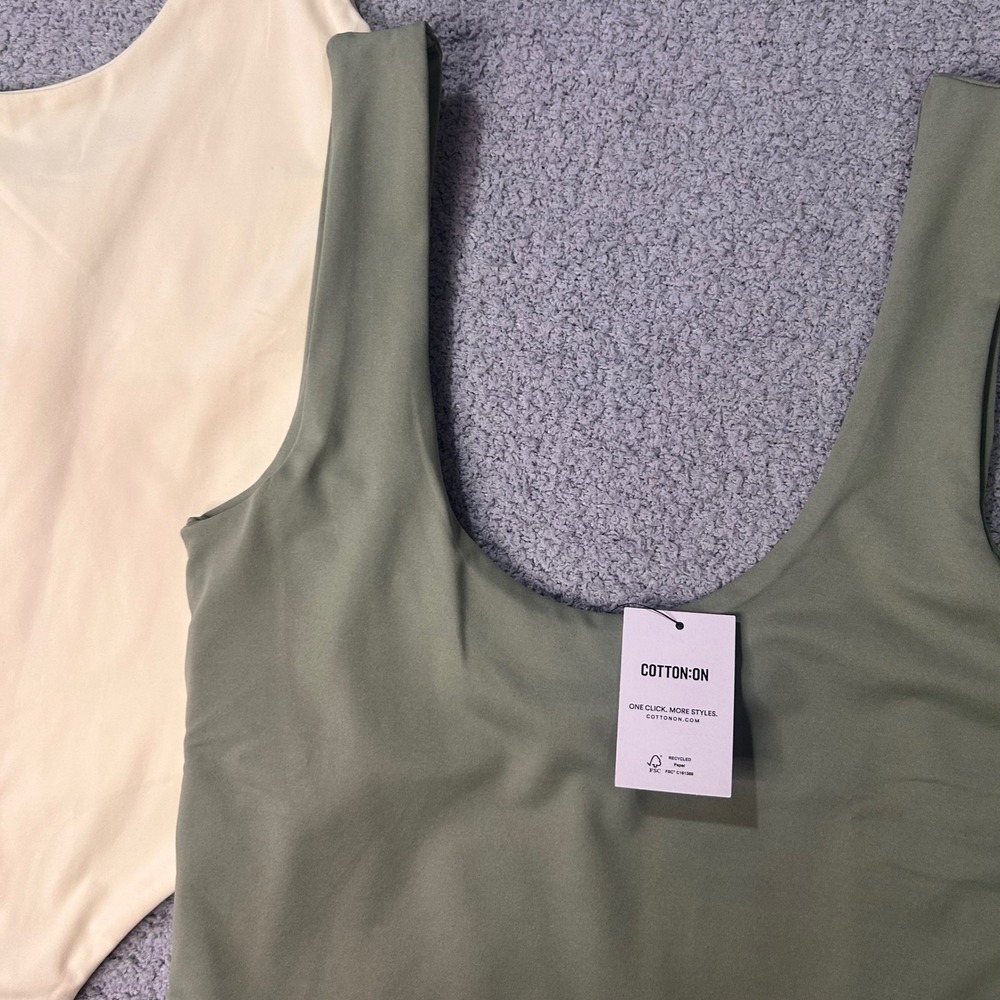Cotton On Bodysuit Cleo Scoop Neck Low Back S Green Cream Minimal Basic 2 Pack - Picture 2 of 11